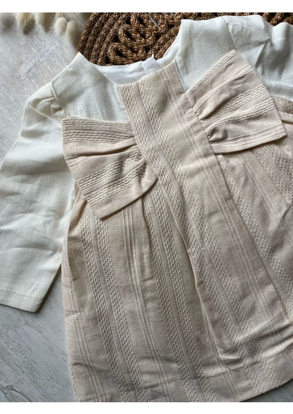 Fukukum Baby Fiyonk Detaylı Desenli Açık Sarı Kız Bebek Elbise
