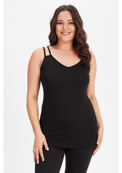 Büyük Beden V Yaka Çift Biye Askılı Atlet Bluz fiyatları