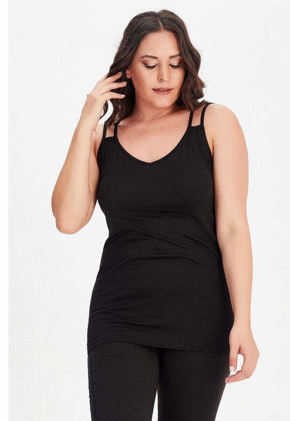 Büyük Beden V Yaka Çift Biye Askılı Atlet Bluz fırsatları