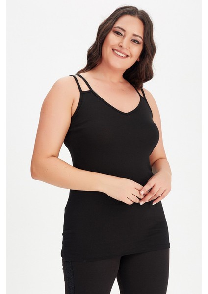 Büyük Beden V Yaka Çift Biye Askılı Atlet Bluz indirimleri