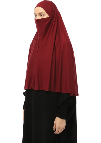 Hazır Türban Peçeli Pratik Eşarp Tesettür Nikaplı Hijab - Namaz Örtüsü Sufle (3Xl) - Bordo
