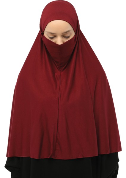 Hazır Türban Peçeli Pratik Eşarp Tesettür Nikaplı Hijab - Namaz Örtüsü Sufle (3Xl) - Bordo