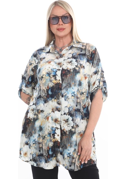 %100 Viskon Büyük Beden Çiçekli Gömlek