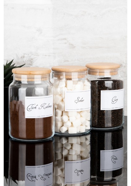 3'lü Ahşap Vakum Kapaklı Çay Şeker Türk Kahvesi Etiketli Cam Kavanoz Seti Saklama Kabı 800 ml