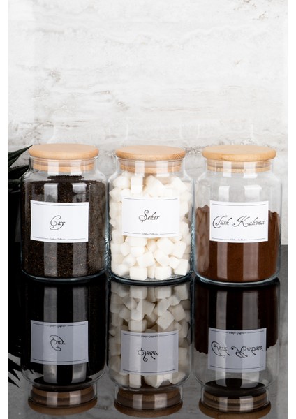 3'lü Ahşap Vakum Kapaklı Çay Şeker Türk Kahvesi Etiketli Cam Kavanoz Seti Saklama Kabı 800 ml modelleri