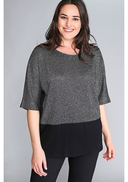 Büyük Beden Gümüş Yarım Kol Simli Altı Bluz