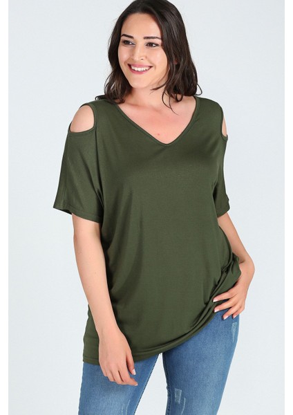 Büyük Beden Omuzu V Pencere Kısa Kol Bluz