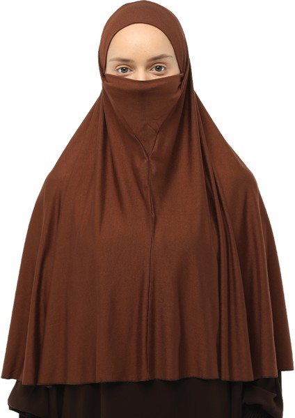 Hazır Türban Peçeli Pratik Eşarp Tesettür Nikaplı Hijab - Namaz Örtüsü Sufle (3Xl) - Çikolata