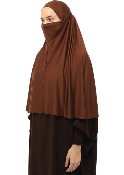 Hazır Türban Peçeli Pratik Eşarp Tesettür Nikaplı Hijab - Namaz Örtüsü Sufle (3Xl) - Çikolata