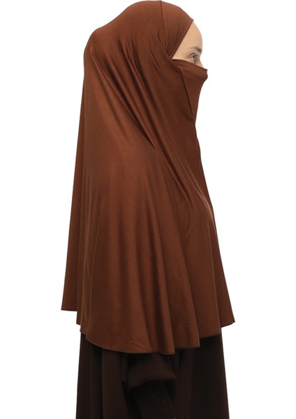 Hazır Türban Peçeli Pratik Eşarp Tesettür Nikaplı Hijab - Namaz Örtüsü Sufle (3Xl) - Çikolata