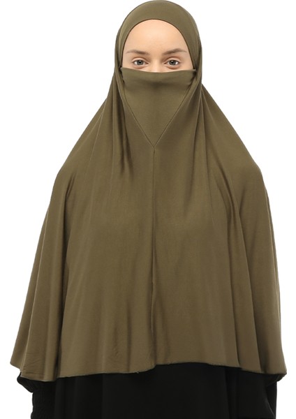 Hazır Türban Peçeli Pratik Eşarp Tesettür Nikaplı Hijab - Namaz Örtüsü Sufle (3Xl) - Haki