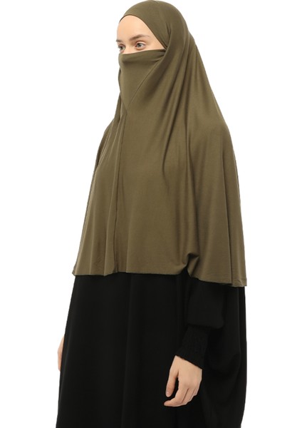 Hazır Türban Peçeli Pratik Eşarp Tesettür Nikaplı Hijab - Namaz Örtüsü Sufle (3Xl) - Haki