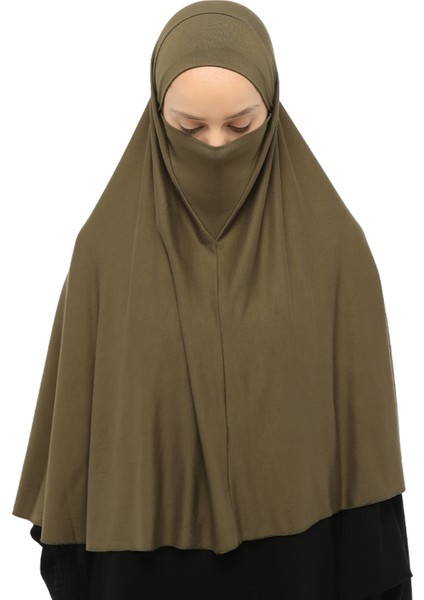 Hazır Türban Peçeli Pratik Eşarp Tesettür Nikaplı Hijab - Namaz Örtüsü Sufle (3Xl) - Haki