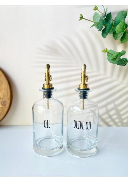 2'li Gold Başlıklı Cam Yağdanlık Seti | Metal Altlık | Oil-Olive Oil-Vinegar- Sauce