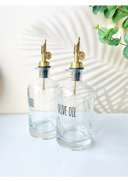 2'li Gold Başlıklı Cam Yağdanlık Seti | Metal Altlık | Oil-Olive Oil-Vinegar- Sauce