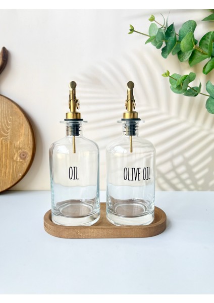 2'li Gold Başlıklı Cam Yağdanlık Seti | Metal Altlık | Oil-Olive Oil-Vinegar- Sauce