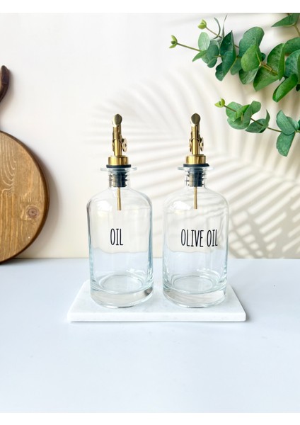 2'li Gold Başlıklı Cam Yağdanlık Seti | Metal Altlık | Oil-Olive Oil-Vinegar- Sauce