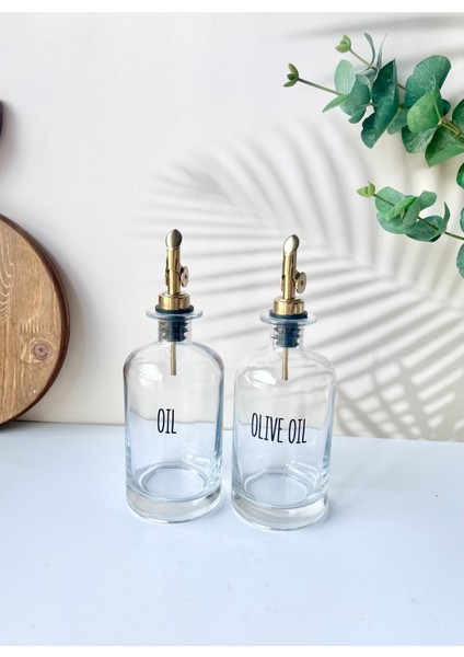 2'li Gold Başlıklı Cam Yağdanlık Seti | Metal Altlık | Oil-Olive Oil-Vinegar- Sauce