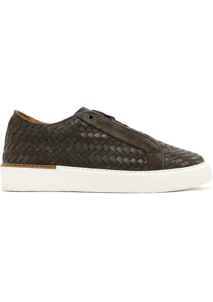 Erkek Haki Bağcıklı Örgülü Kalın Tabanlı Deri Sneaker 25SFD795214