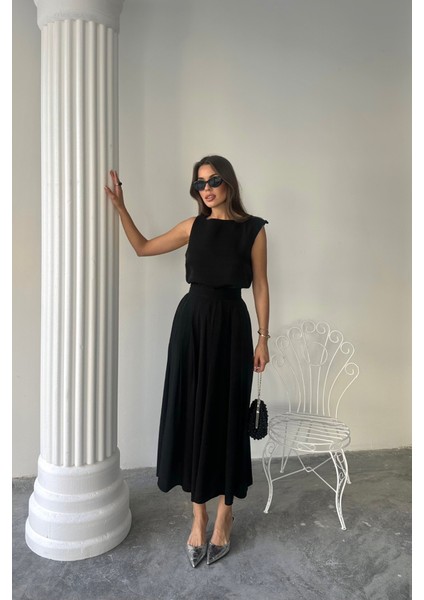 Keten Kolsuz Bluz - Maxi Etek Takım - Siyah