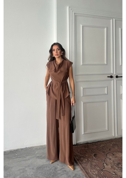Tencel Modal Kolsuz Bluz Kapalı Cep Detaylı Dökümlü - Pantolon Takım - Kahverengi