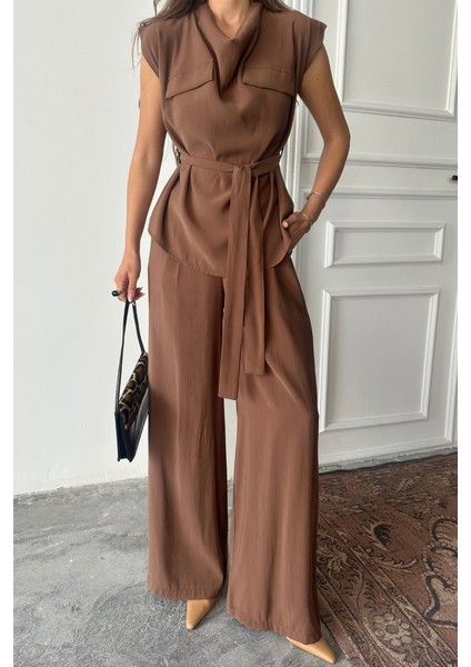 Tencel Modal Kolsuz Bluz Kapalı Cep Detaylı Dökümlü - Pantolon Takım - Kahverengi