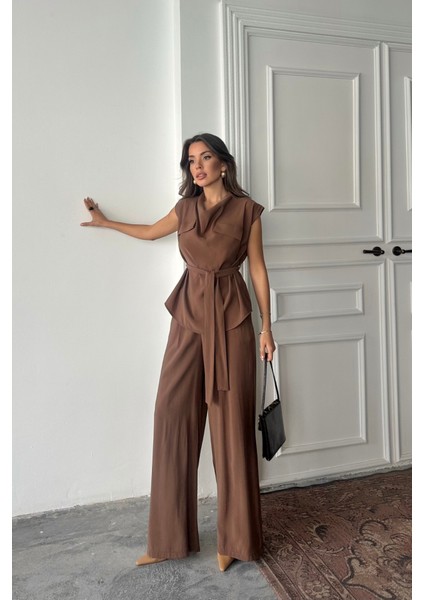 Tencel Modal Kolsuz Bluz Kapalı Cep Detaylı Dökümlü - Pantolon Takım - Kahverengi