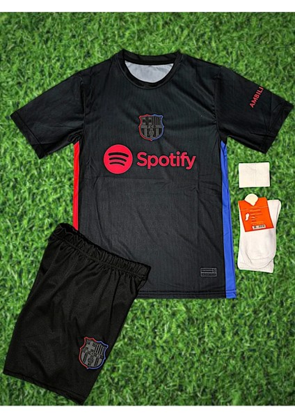 Barcelona Yeni Sezon Lamine Yamal Deplasman Çocuk Forması-Siyah 4lü Set Çorap-Bileklik Hediyeli Asf