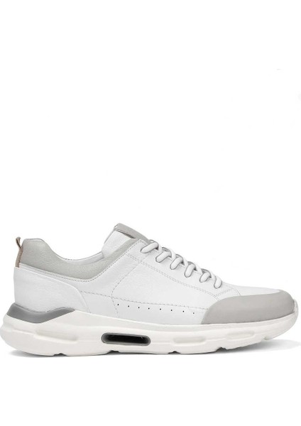 Erkek Beyaz Gri Bağcıklı Kalın Tabanlı Deri Sneaker