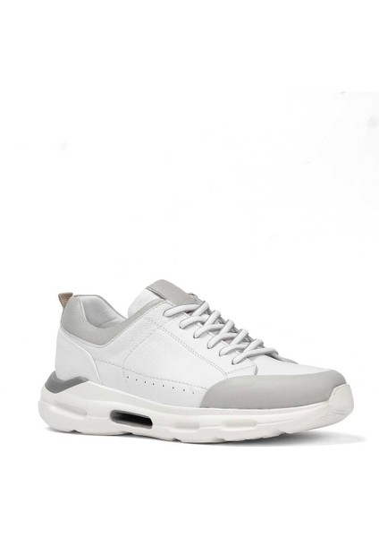 Erkek Beyaz Gri Bağcıklı Kalın Tabanlı Deri Sneaker