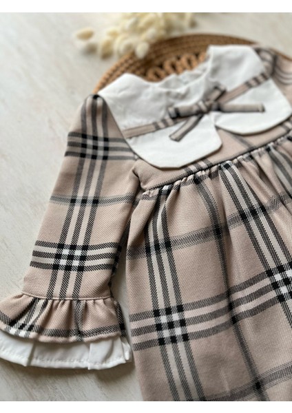 Fukukum Baby Yaka ve Kol Detaylı Ekose Elbise Kız Bebek Bej