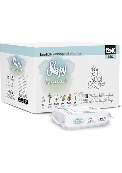 Islak Havlu Mendil Bio Natural 40 Yaprak Yeni Doğan (12 Li Set) Plastik Kapaklı 480 Yaprak