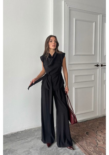 Tencel Modal Kolsuz Bluz Kapalı Cep Detaylı Dökümlü - Pantolon Takım - Siyah