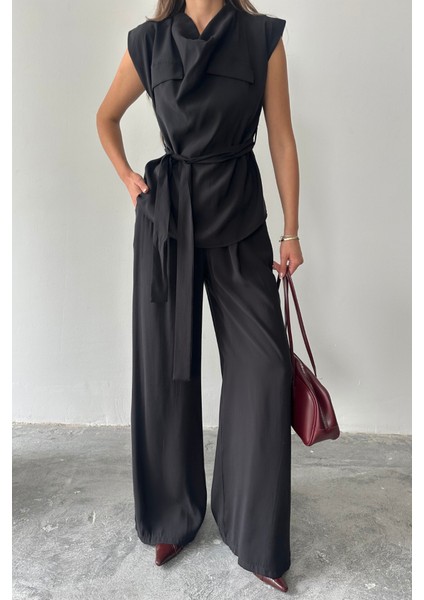 Tencel Modal Kolsuz Bluz Kapalı Cep Detaylı Dökümlü - Pantolon Takım - Siyah