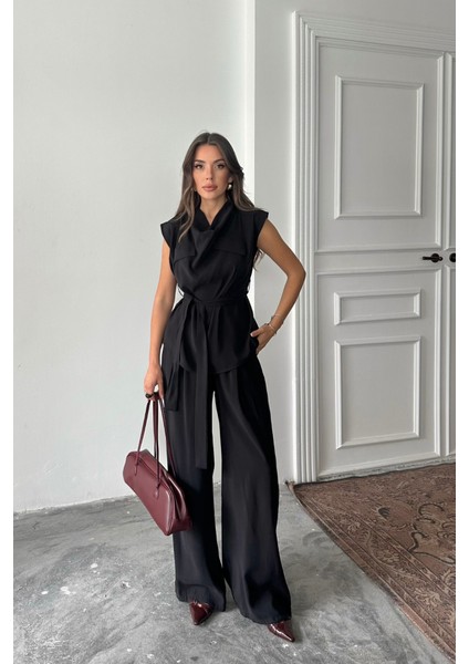 Tencel Modal Kolsuz Bluz Kapalı Cep Detaylı Dökümlü - Pantolon Takım - Siyah