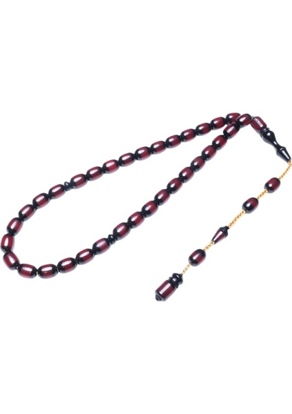 Kapsül Kesim Kırmızı Sıralı Hareli Sıkma Kehribar Tesbih (11X8 Mm)