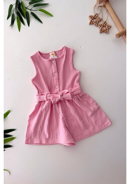 Düğme Detaylı Pamuklu Müslin Şort Detaylı kız bebe tulum - Pembe