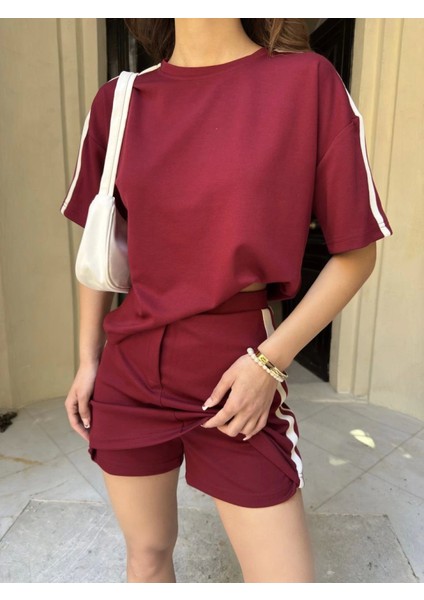 Osy Modal Yumuşak Dokulu Kumaş Parçalı Bisiklet Yaka T-Shirt Mini Şortlu Etek Ikili Takım -Bordo