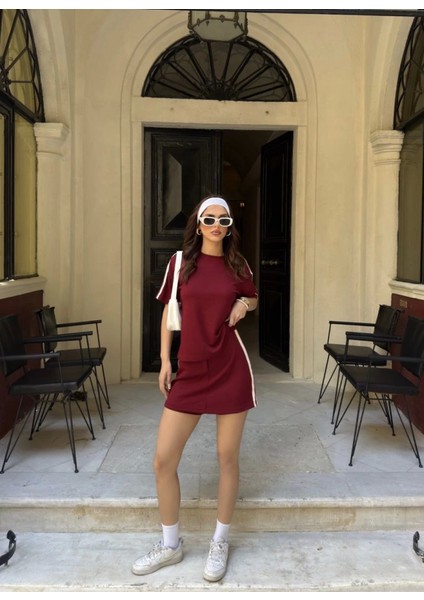 Osy Modal Yumuşak Dokulu Kumaş Parçalı Bisiklet Yaka T-Shirt Mini Şortlu Etek Ikili Takım -Bordo