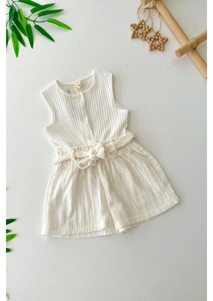 Düğme Detaylı Pamuklu Müslin Şort Detaylı kız bebe tulum - Beyaz