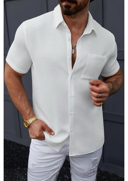 Theo Slim Fit Esnek Likralı Kısa Kol Ayaklı Yaka Erkek Gömlek