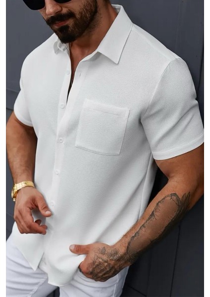 Theo Slim Fit Esnek Likralı Kısa Kol Ayaklı Yaka Erkek Gömlek modelleri