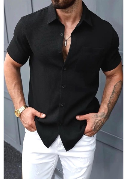 Theo Slim Fit Esnek Likralı Kısa Kol Ayaklı Yaka Erkek Gömlek
