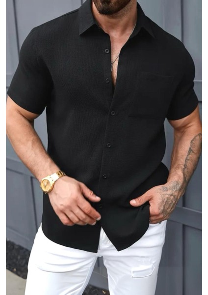 Theo Slim Fit Esnek Likralı Kısa Kol Ayaklı Yaka Erkek Gömlek modelleri