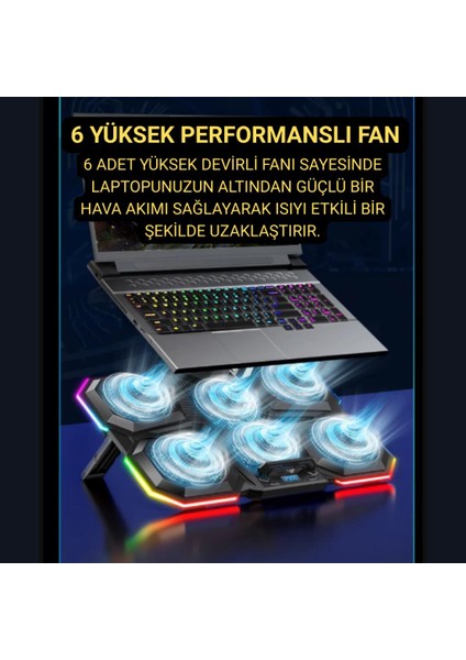 6 Fanlı 12 Rgb Işık Modlu Kademe Standlı LCD Göstergeli Notebook Soğutucu Laptop Standı Soğutucu