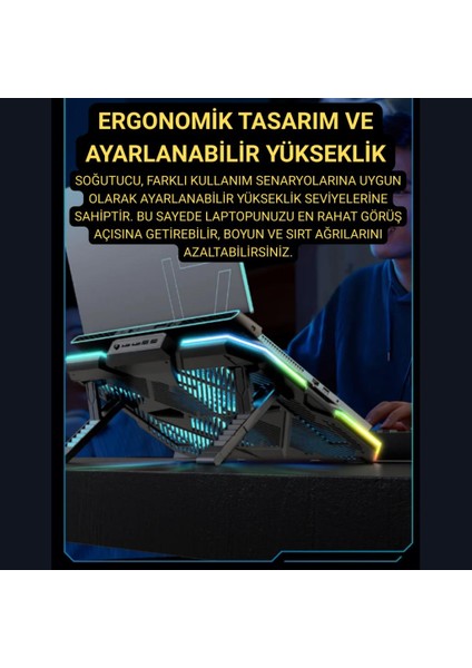 6 Fanlı 12 Rgb Işık Modlu Kademe Standlı LCD Göstergeli Notebook Soğutucu Laptop Standı Soğutucu