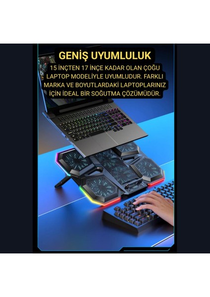 6 Fanlı 12 Rgb Işık Modlu Kademe Standlı LCD Göstergeli Notebook Soğutucu Laptop Standı Soğutucu