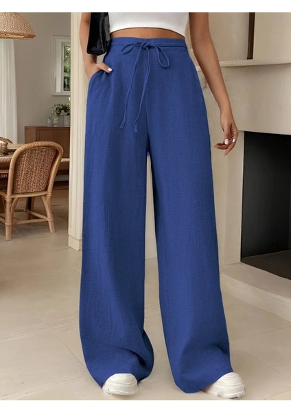 Kadın Yüksek Bel Bağcıklı Geniş Paçalı Uzun Bürümcük Pantolon