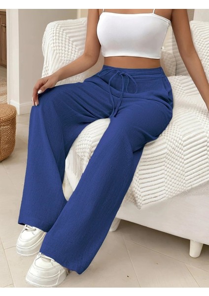 Kadın Yüksek Bel Bağcıklı Geniş Paçalı Uzun Bürümcük Pantolon fiyatları