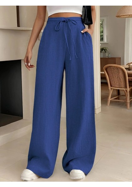 Kadın Yüksek Bel Bağcıklı Geniş Paçalı Uzun Bürümcük Pantolon fırsatları
